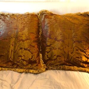 Old World Weavers pair of silk damask 23”Sq pillows with silk brush fringe